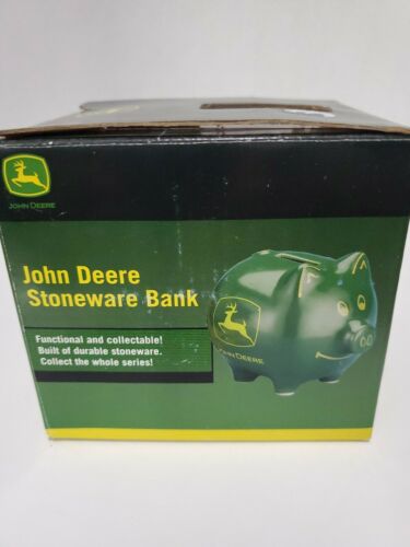 JOHN DEERE Savings Piggy Bank w/ Smiling Green Pig's Face and Black Yellow Logo 