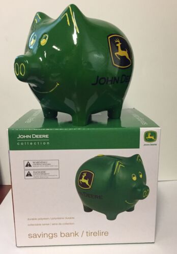 JOHN DEERE Savings Piggy Bank w/ Smiling Green Pig's Face and Black Yellow Logo 
